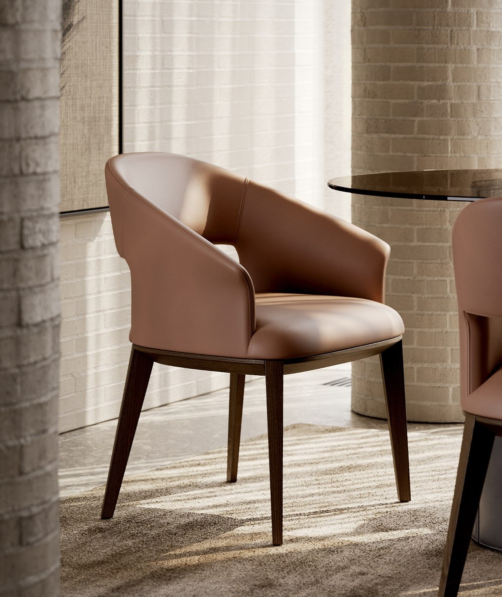 A contemporary chair designed with a mocha mousse leather seat and wooden legs, offering comfort and aesthetic appeal.