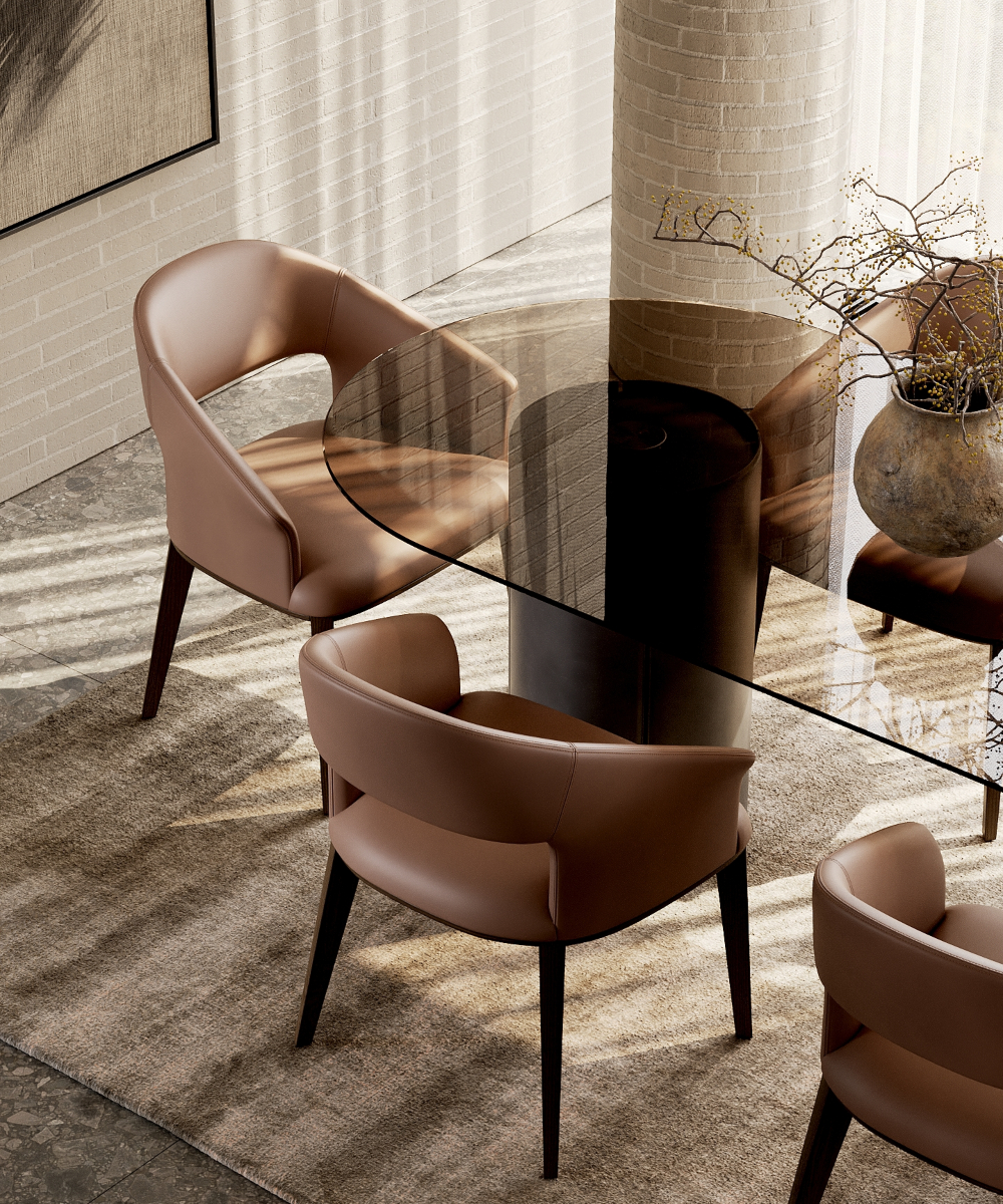 Modern dining table with matching dining chairs and a decorative vase, enhancing the elegance of the dining space. In mocha mousse, the colour from the 2025 interior design trends.