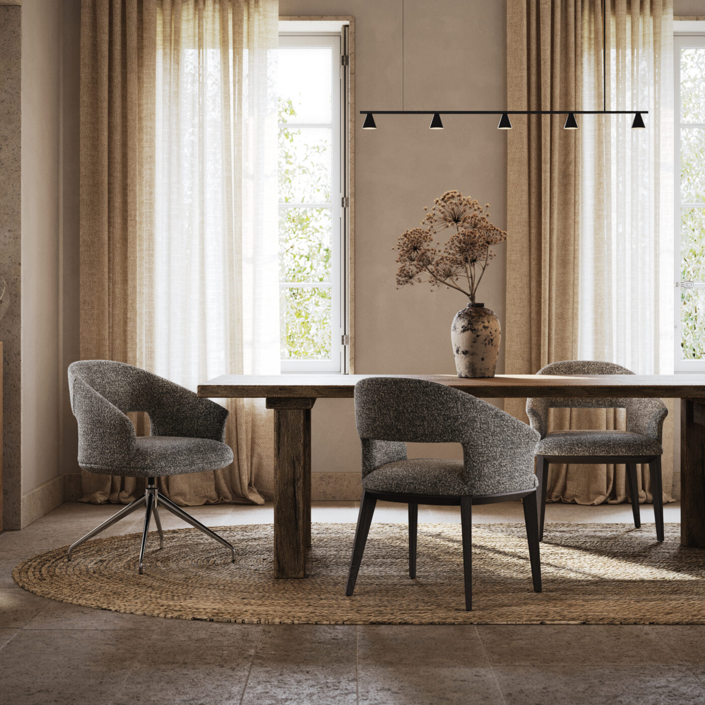 A modern dining room with a sleek table and comfortable chairs, designed for dining and socialising. The versatility of the chairs match the 2025 interior design trends