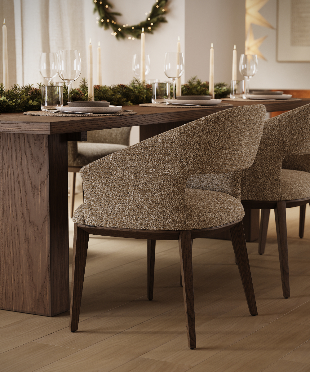 Jermain dining chair in a Christmas dining room A modern dining room showcasing a sleek table and comfortable dining chairs, inviting for gatherings and Christmas dinner.