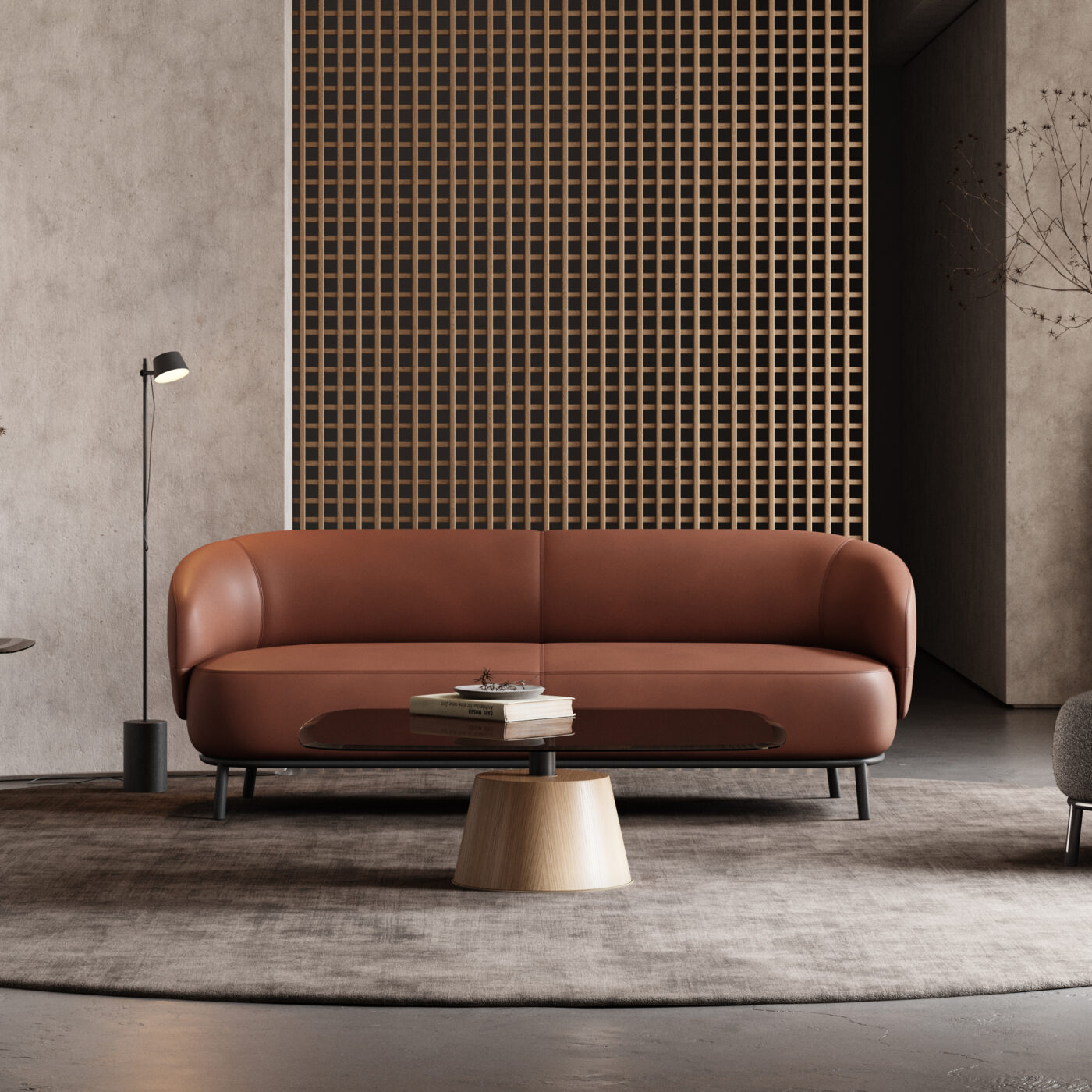 Modern living room showcasing a red leather sofa and a wooden wall, blending comfort with contemporary design. Matching the 2025 interior design trends.