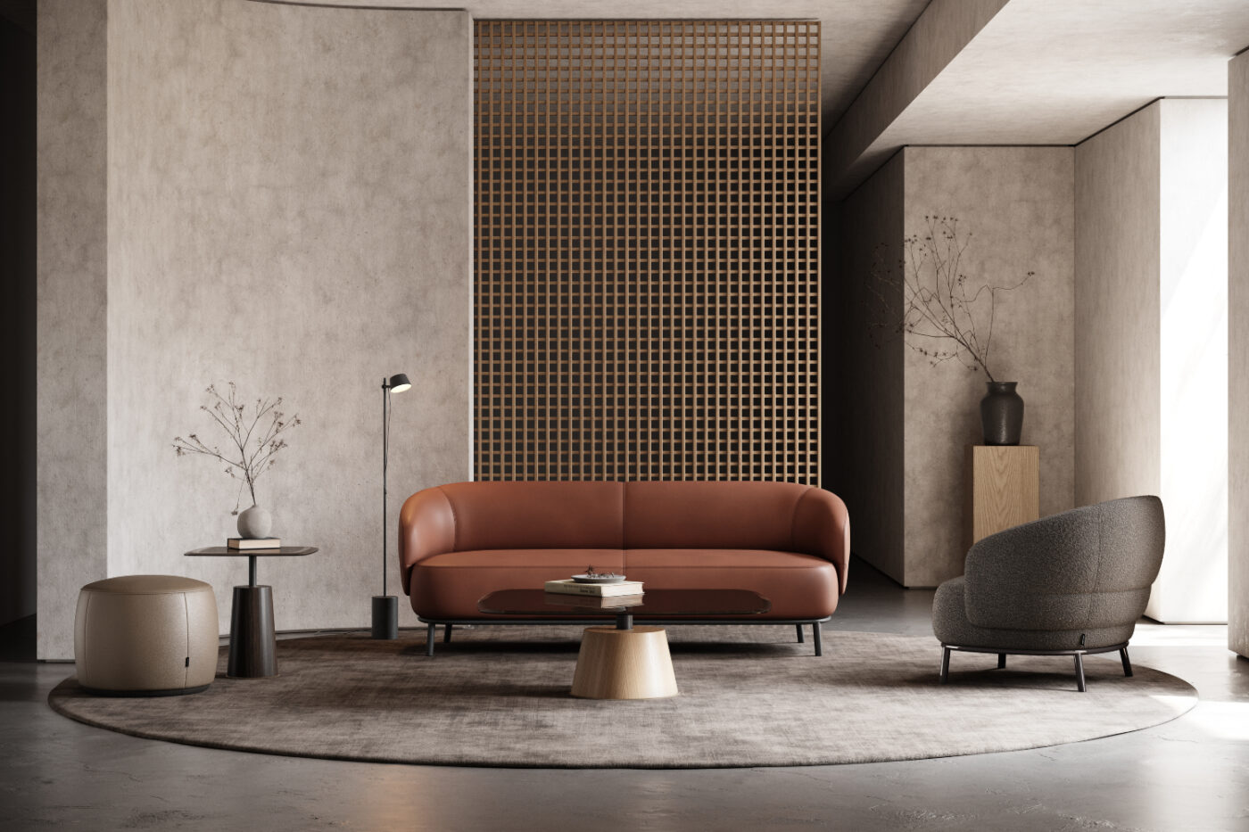 Mid-century modern living room design showcasing a square glass table accompanied by an armchair in bouclé, perfect for relaxation and conversation.