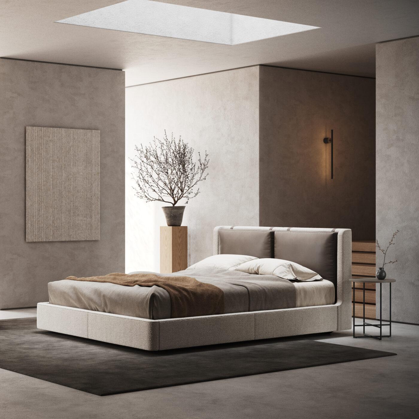 Bedroom with a bed in centre of the room in neutral and brown tones. On the side is a side table working as a bedside table in gold and black metal. It has a plant in a wood support.