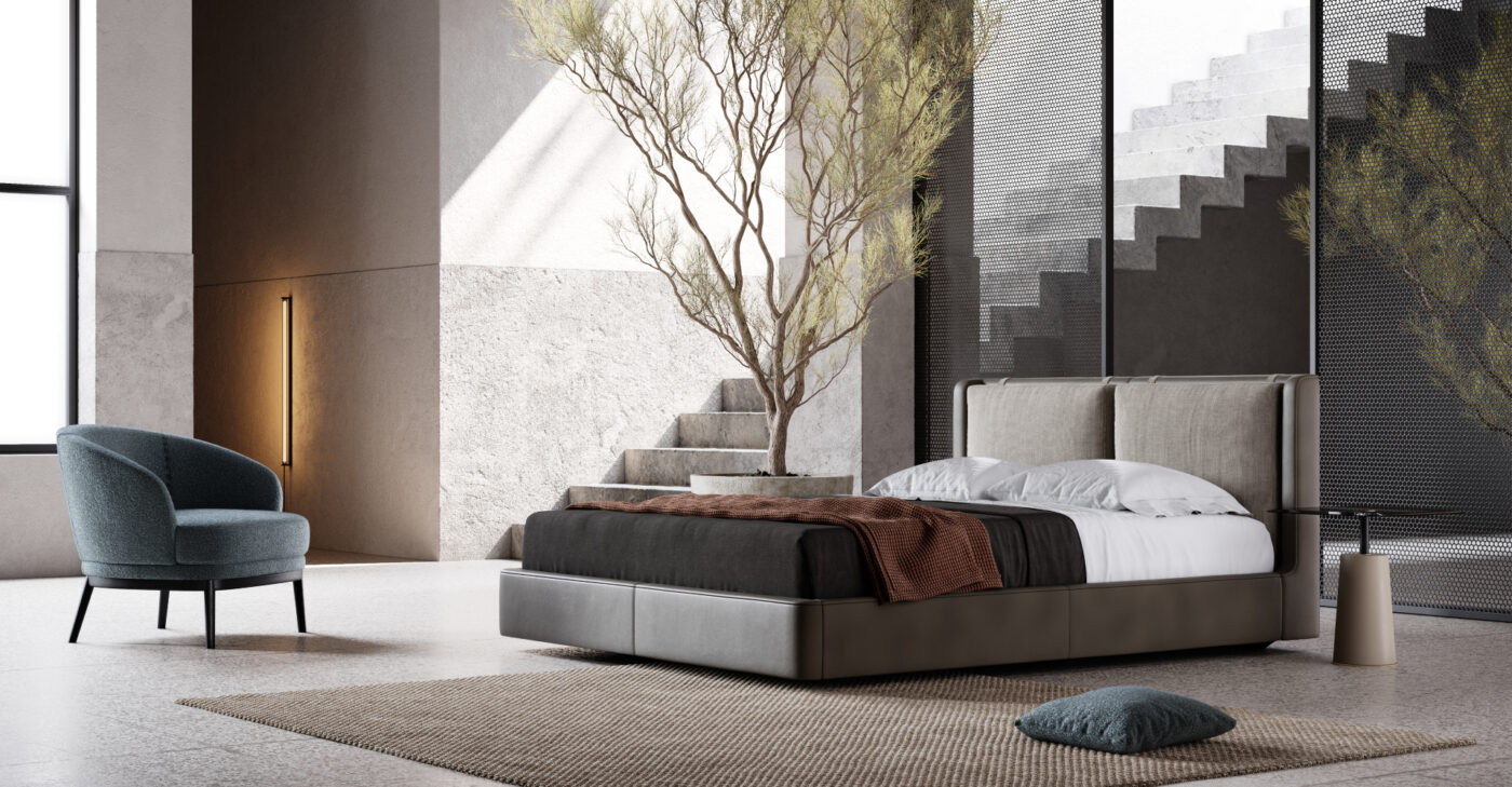 A stylish bedroom design with a bed, an armchair and a tree, blending comfort and nature in a modern aesthetic.