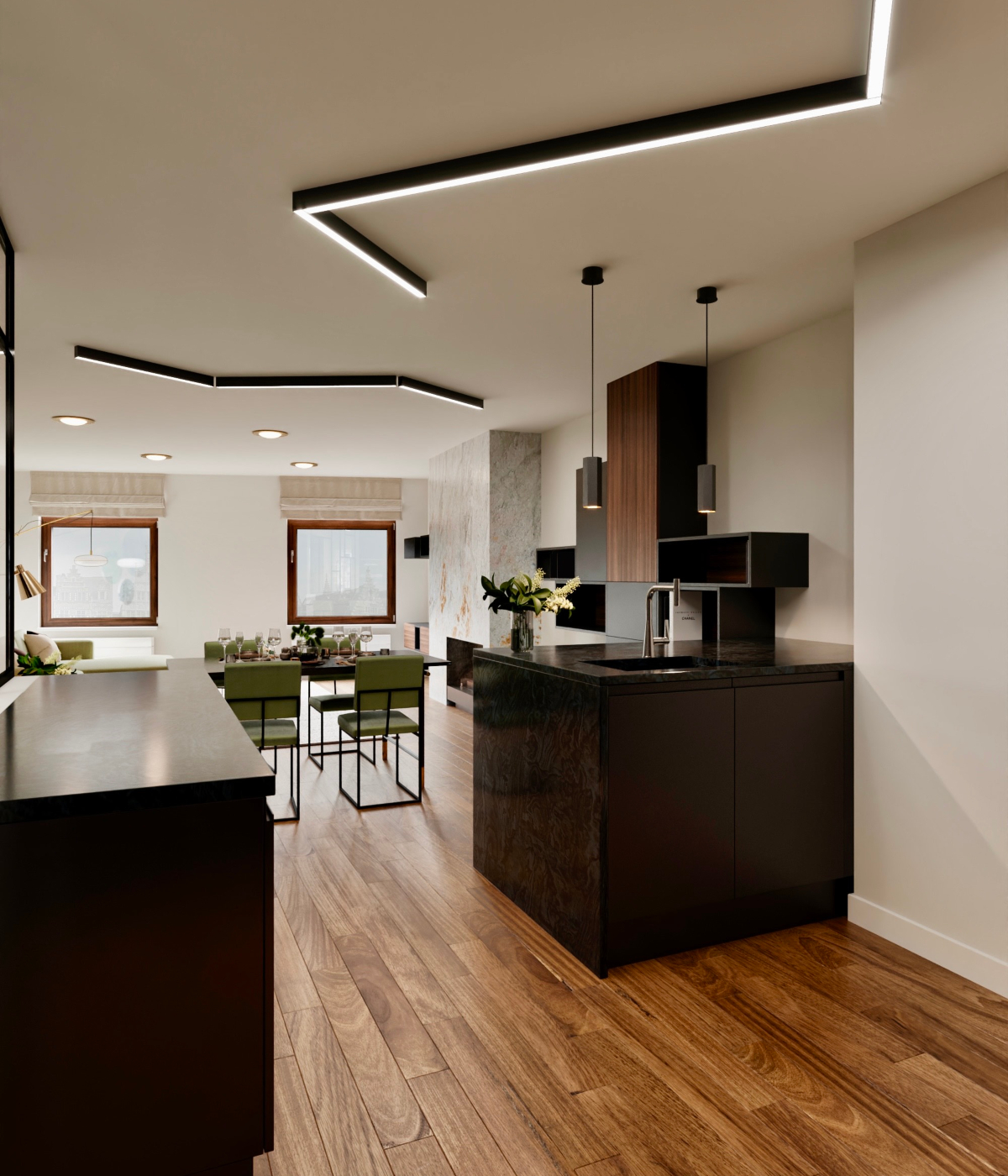 Stylish modern kitchen with rich wooden flooring and chic black cabinetry, offering a warm and sophisticated look. Project by Isabel Gómez Studio.