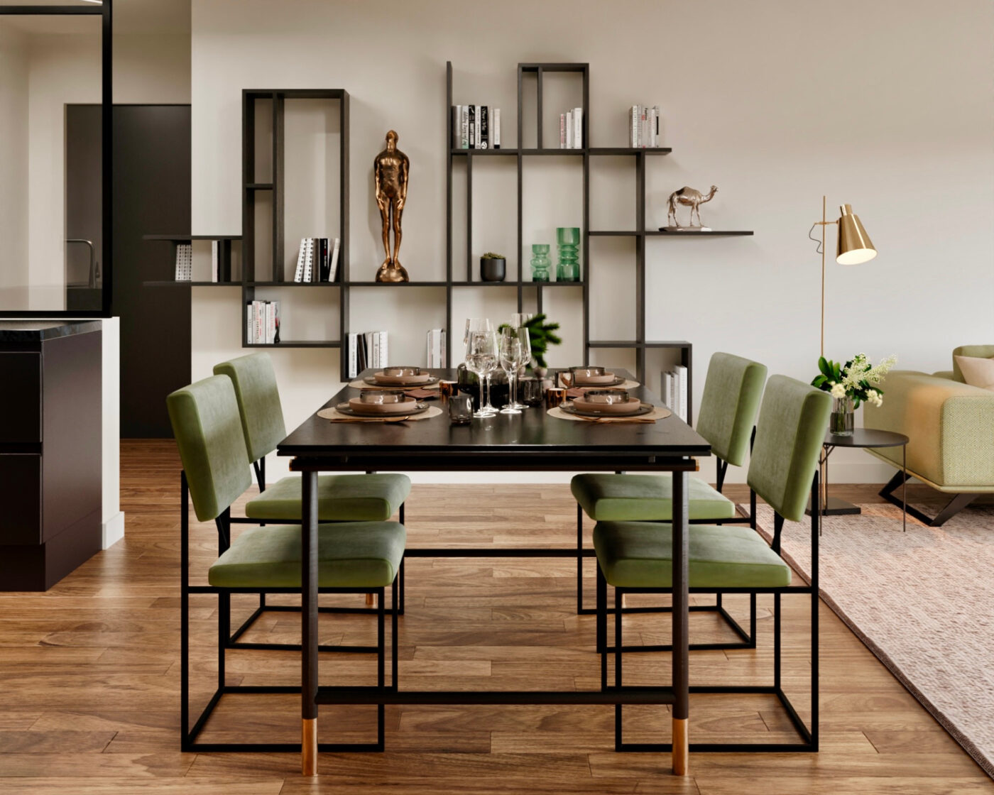 A modern dining room featuring green chairs surrounding a sleek black table. Project by Isabel Goméz Studio.