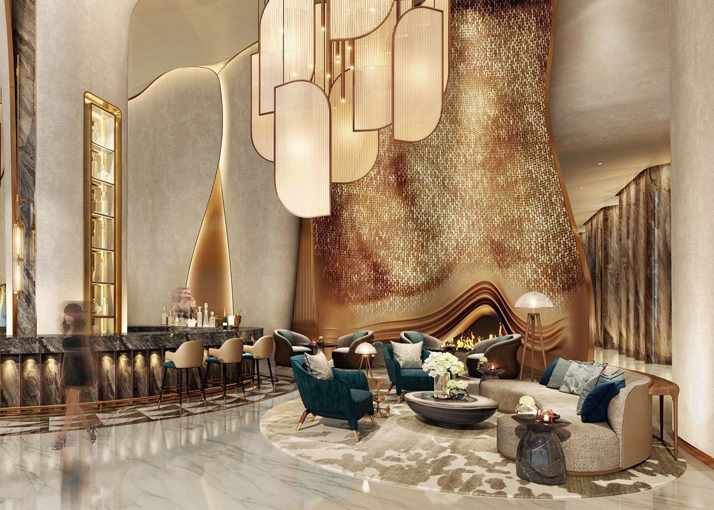 Lobby with gold accents and in the wall and furniture. With a sofa in neutra tones and two matching armchairs in blue. With a bar with golden bar chairs.