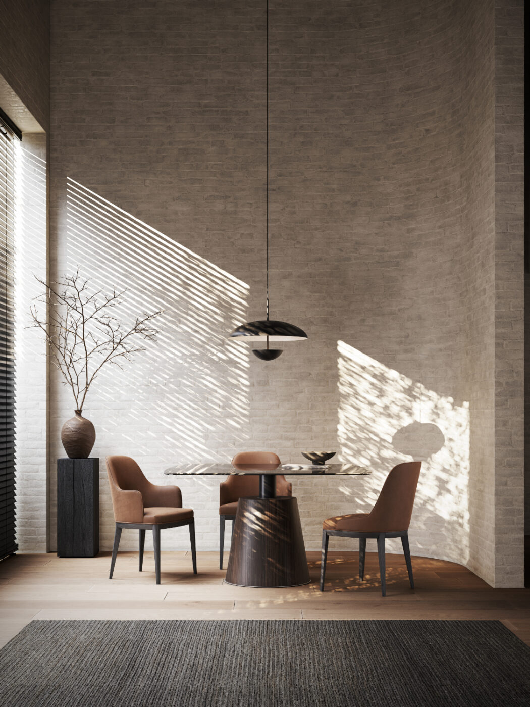 A lagom dining room featuring a wooden table surrounded by elegant chairs, creating a warm and inviting atmosphere.