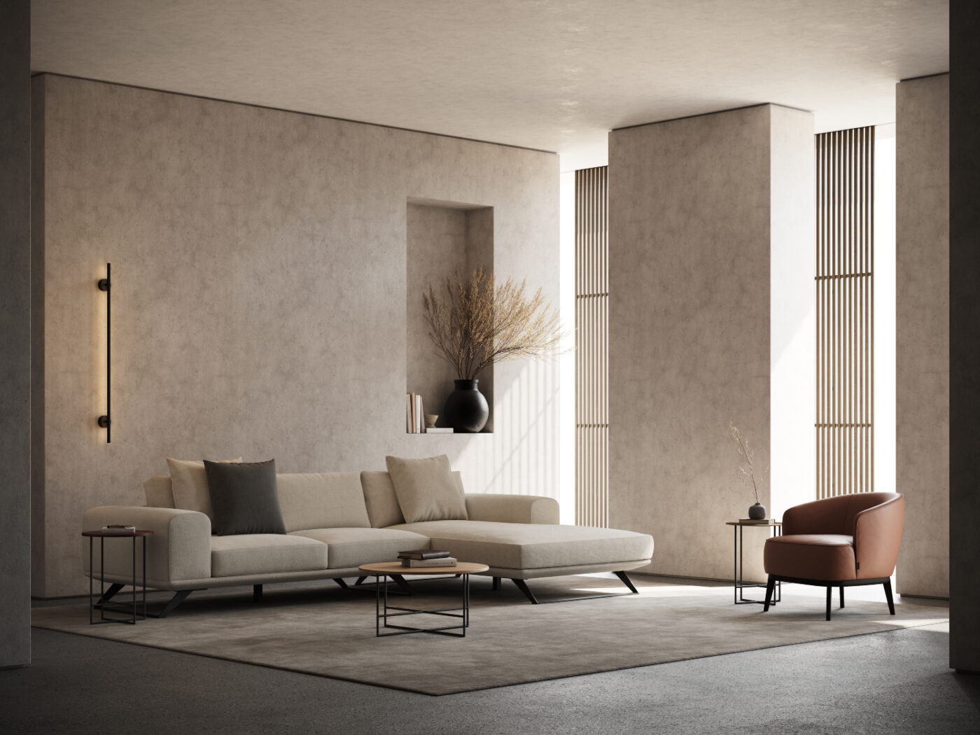 An elegant living room design with a beige upholstered sofa and a stylish armchair, emphasising comfort and modern aesthetics.