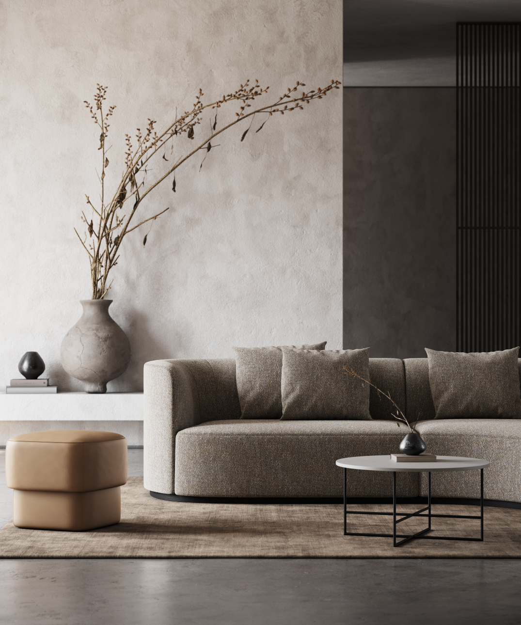 A contemporary living room showcasing a comfy sofa, chic coffee table, and a beautiful vase as a centrepiece. About furniture colours and fabrics