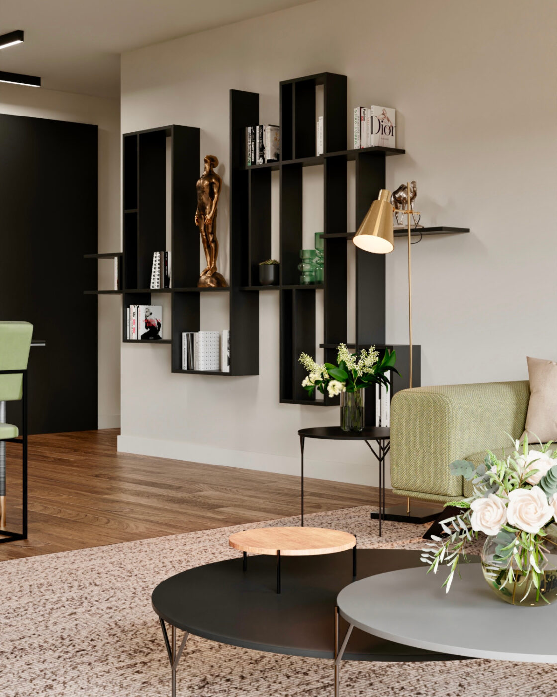 Contemporary living room with a green sofa and a sleek coffee table. Project by Isabel Gómez Studio.