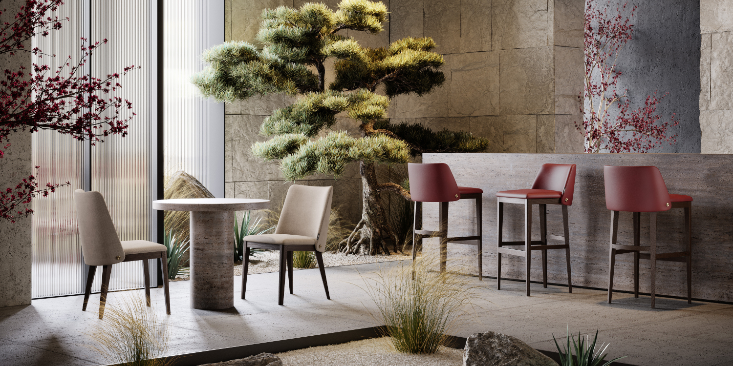 A modern bar setting showcasing striking red chairs alongside a tree, offering a chic and welcoming environment for patrons. From the new collection 2022 from Domkapa.