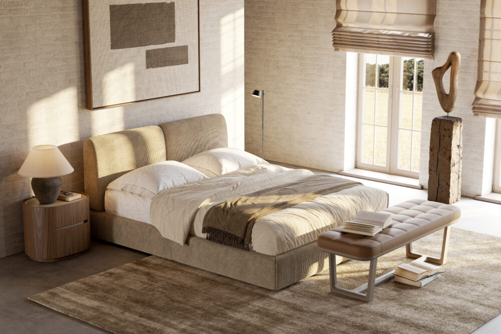A simple bedroom design with a neatly made bed, a table beside it, and a window that opens to the outside.
