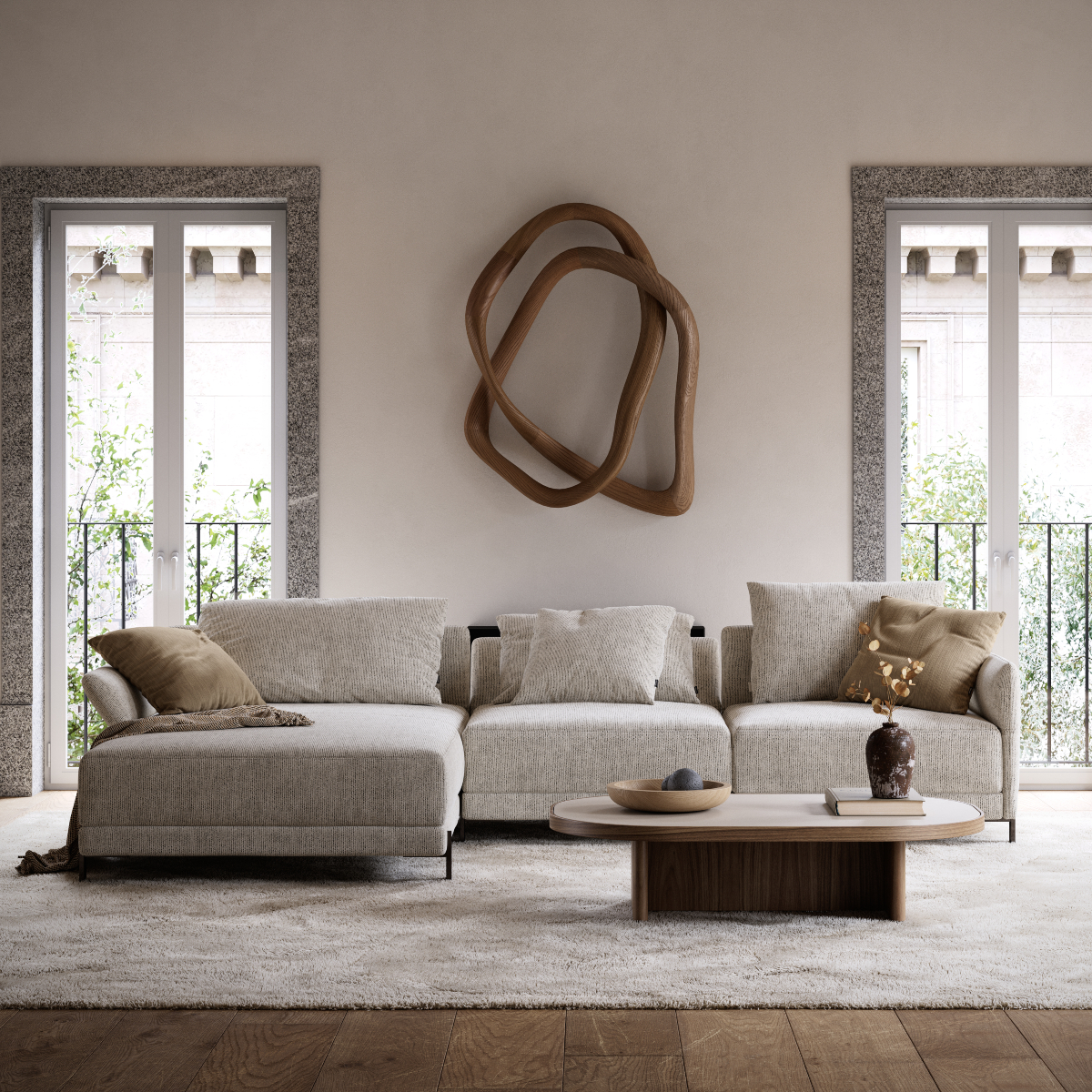 A warm living room scene with a comfy sofa, a coffee table, and two windows for a bright, airy feel.