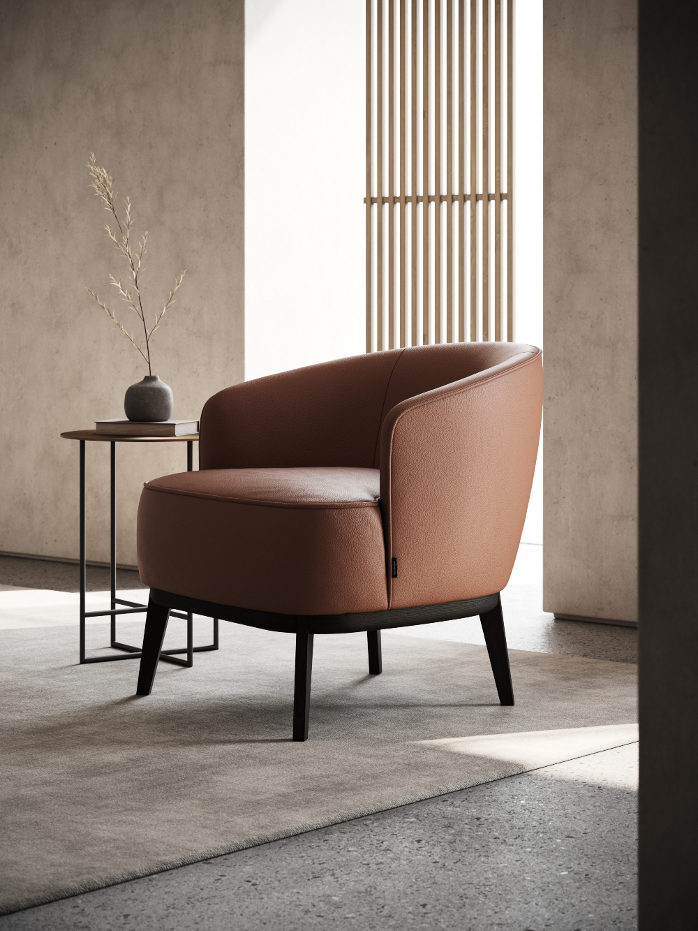 A mid-century modern living room featuring a modern armchair and side table, highlighting clean lines and a minimalist aesthetic.