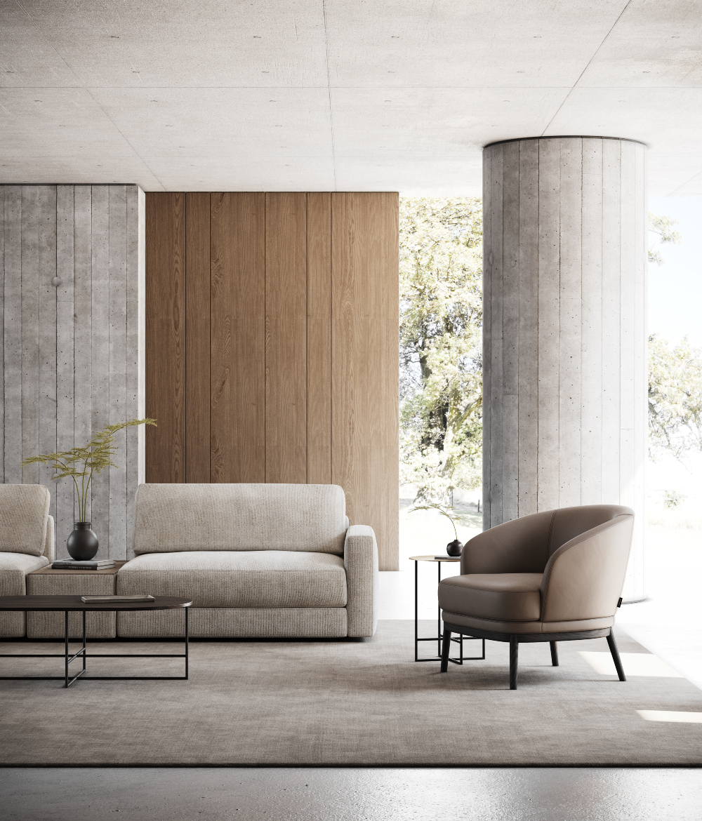 Modern living room with concrete columns, wooden wall panel and stylish furniture. The sofa is modular and it's upholstered in beige fabric. The armchair on the right is upholstered in camel leather. There are a coffee table and a side table with the top in wood and the legs in metal.