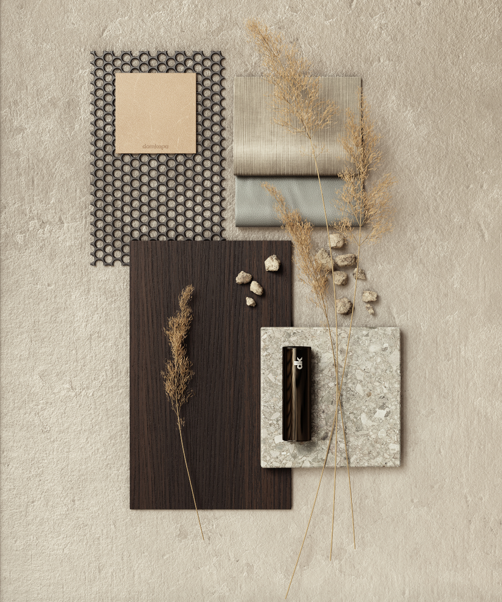 A mood board, a sheet of paper, and dried grass are displayed together, highlighting a minimalist and organic aesthetic. Furniture colours and fabrics