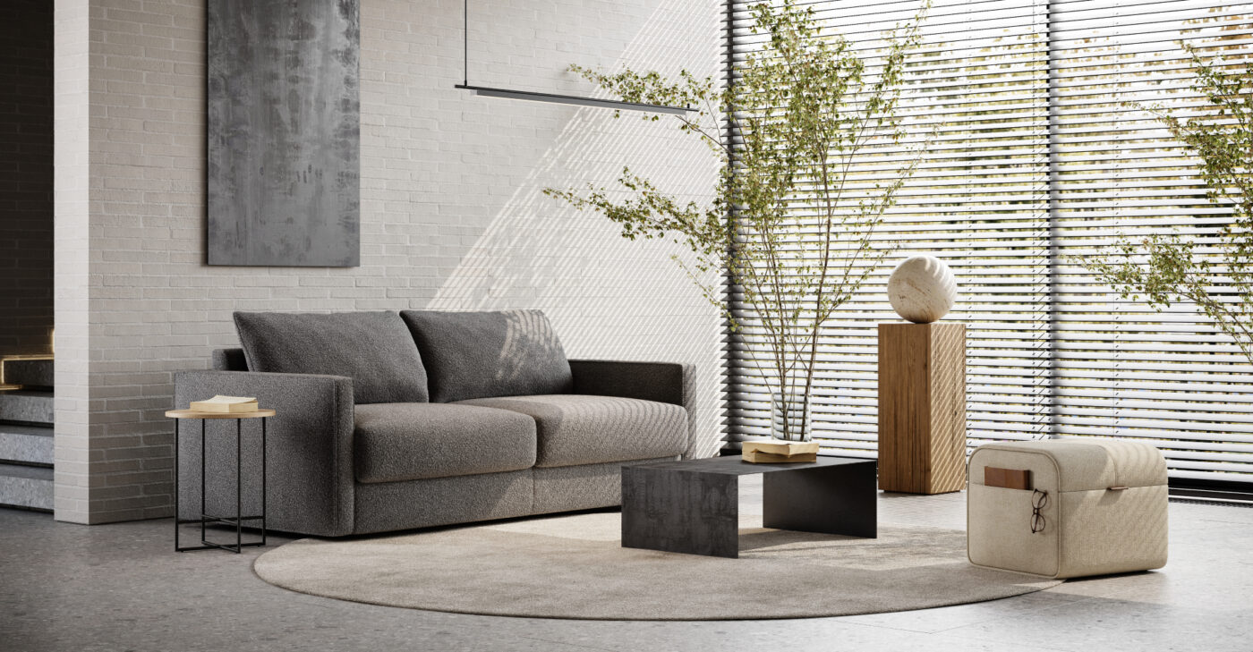 A well-furnished living room showcasing a sofa bed, a modern coffee table and a lamp providing soft lighting. Modern Interiors.