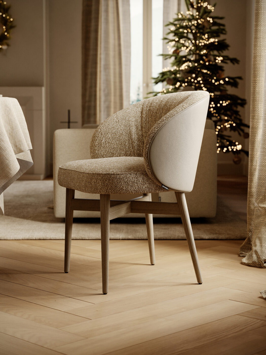 A festive scene showcasing a chair next to a Christmas tree, adding warmth and cheer to the room with the spirit of the season.