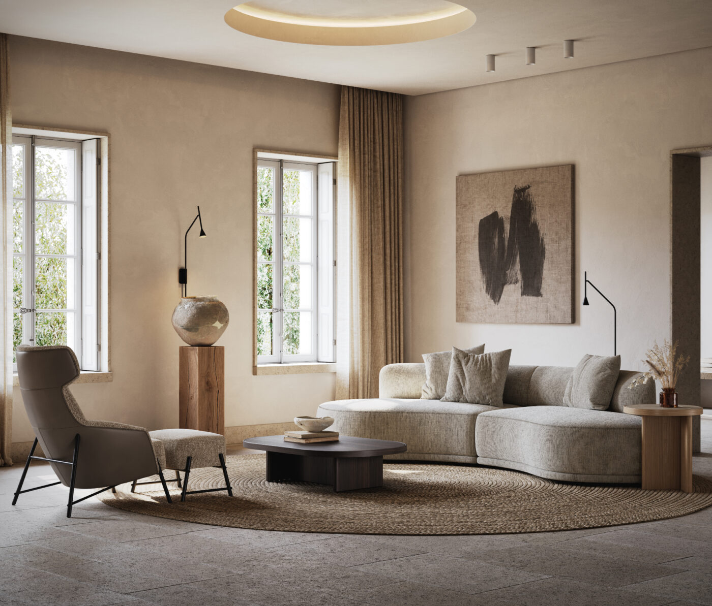 Living room with feng shui and bagua: living room with round sofa in beige and a coffee table in dark wood in the centre. In front of the sofa, on the left side, is an armchair in brown and beige tones.