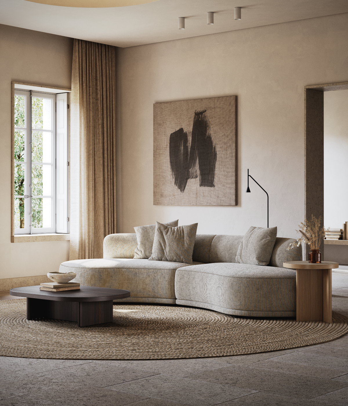 Bright living room showcasing a large round rug with a modular sofa and two tables, enhancing the cosy vibe of the area. Presenting Danish interior design.