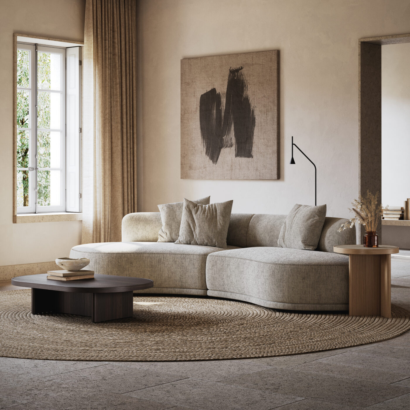 A bright living room with a generous modular sofa and a chic coffee table, designed for comfort and socialising.