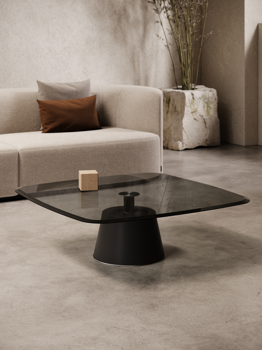 A contemporary glass coffee table with a minimalist black base, perfect for modern interior design aesthetics.