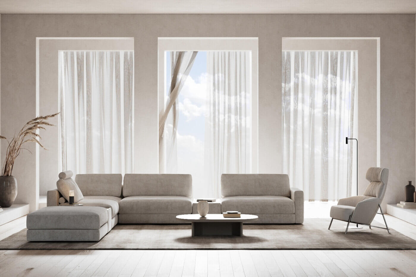 Pantone 2026 Cloud Dancer and Domkapa (1) A modern living room showcasing a modular sofa, coffee table and an armchair, designed for comfort and leisure. In Cloud Dancer, one of the interior design trends for 2026