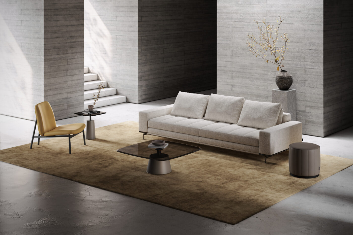 A living room design featuring a stylish sofa, an yellow armchair and a sleek table, creating a cosy atmosphere.