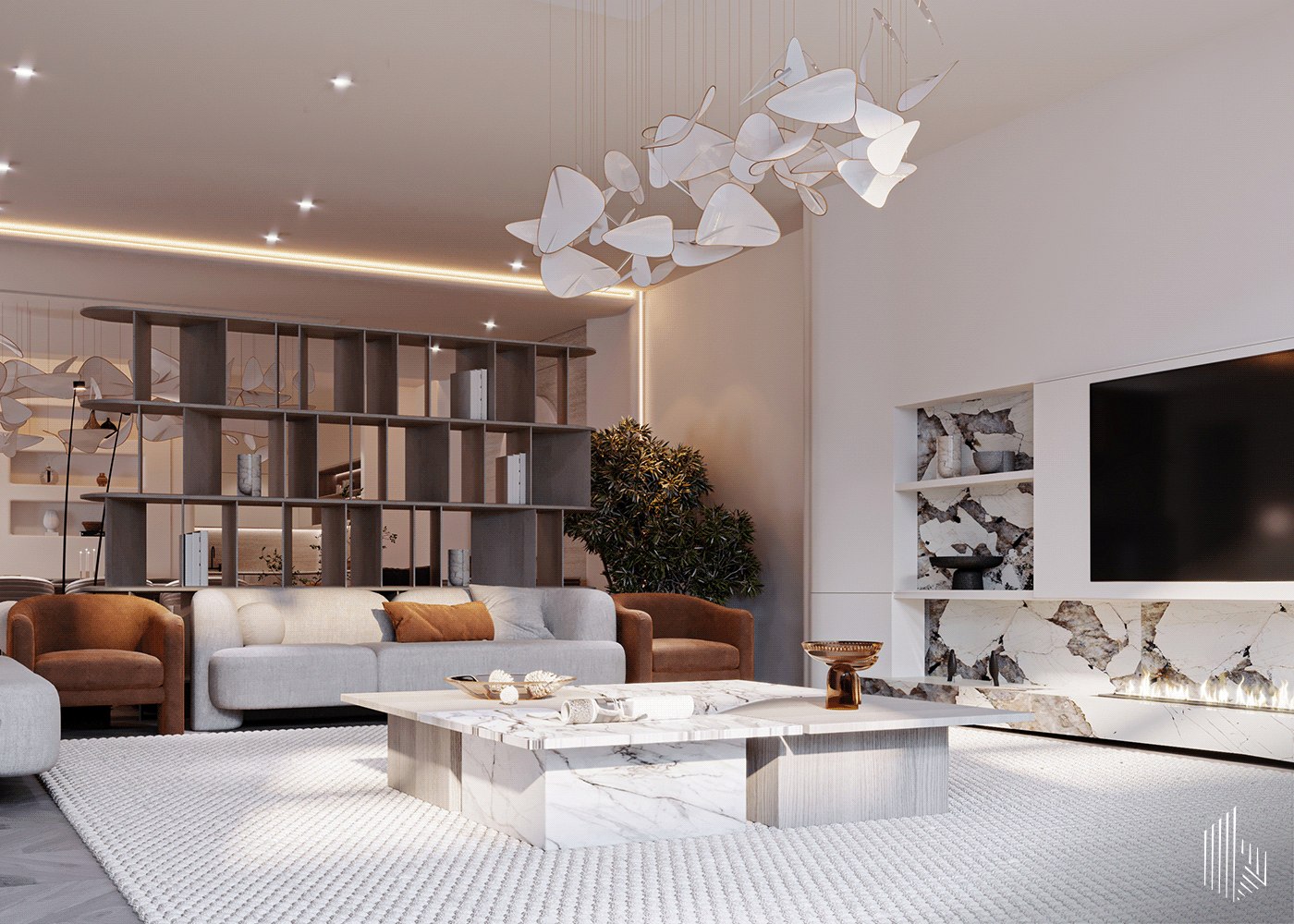 A contemporary living room featuring white furniture and a large television, creating a bright and inviting atmosphere.