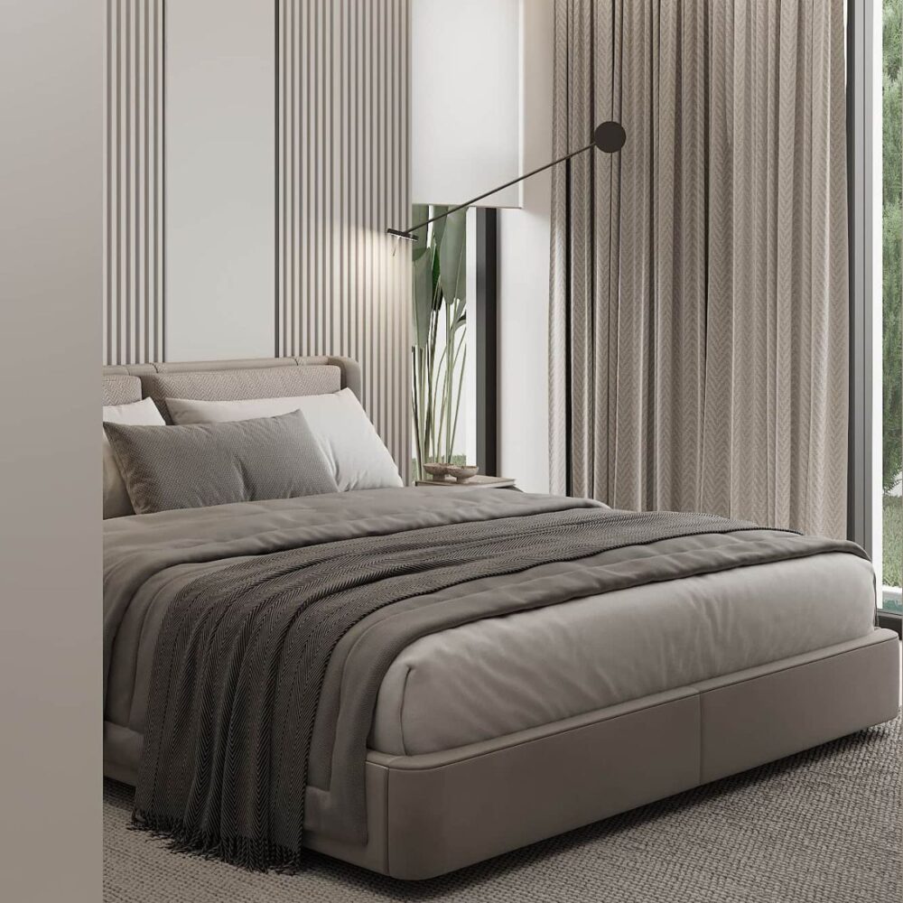 Rental 12 project Azulis Aramis Minimalist bedroom with a gray bed and matching bedding, flanked by sleek black lamps. Vertical striped wall panels add texture. Large potted plant in the corner.