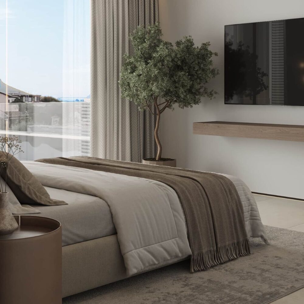 Rental 12 project Azulis Aramis (2) Modern bedroom with a beige bed and pillows, wooden accent wall, and open closet showcasing shelves with shoes. Soft lighting adds warmth. By Rental 12