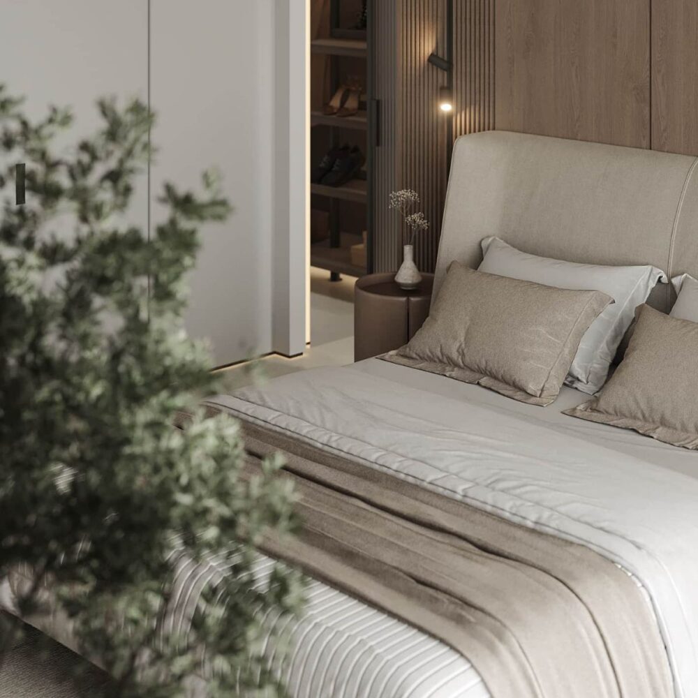 Rental 12 project Azulis Aramis (4) Modern bedroom with a beige bed and pillows, wooden accent wall, and open closet showcasing shelves with shoes. Soft lighting adds warmth.