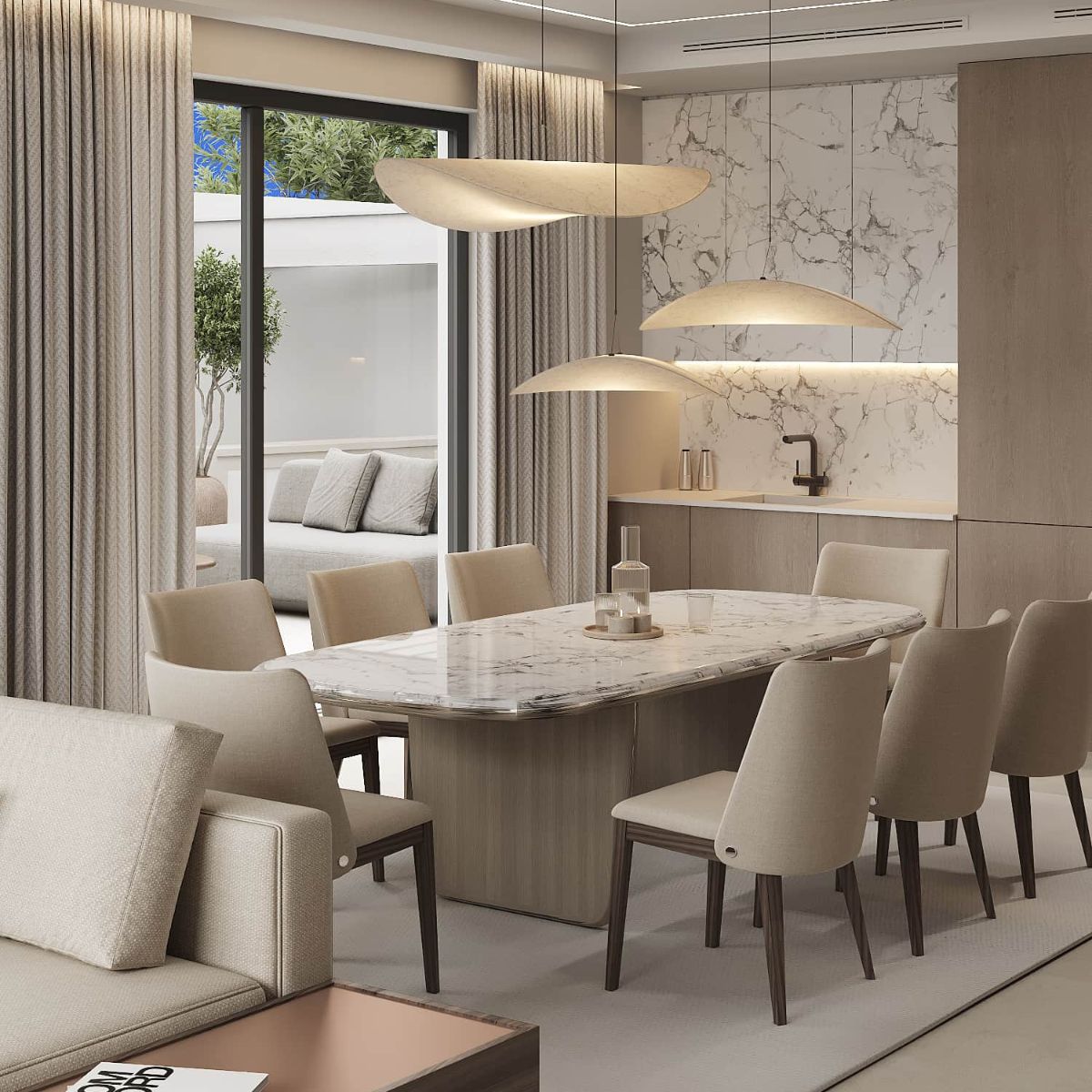 Rental 12 project Azulis Aramis (5) Modern dining room with a marble table, eight beige chairs, and minimalist decor. Soft lighting creates an elegant, serene atmosphere. Beige curtains cover large windows.