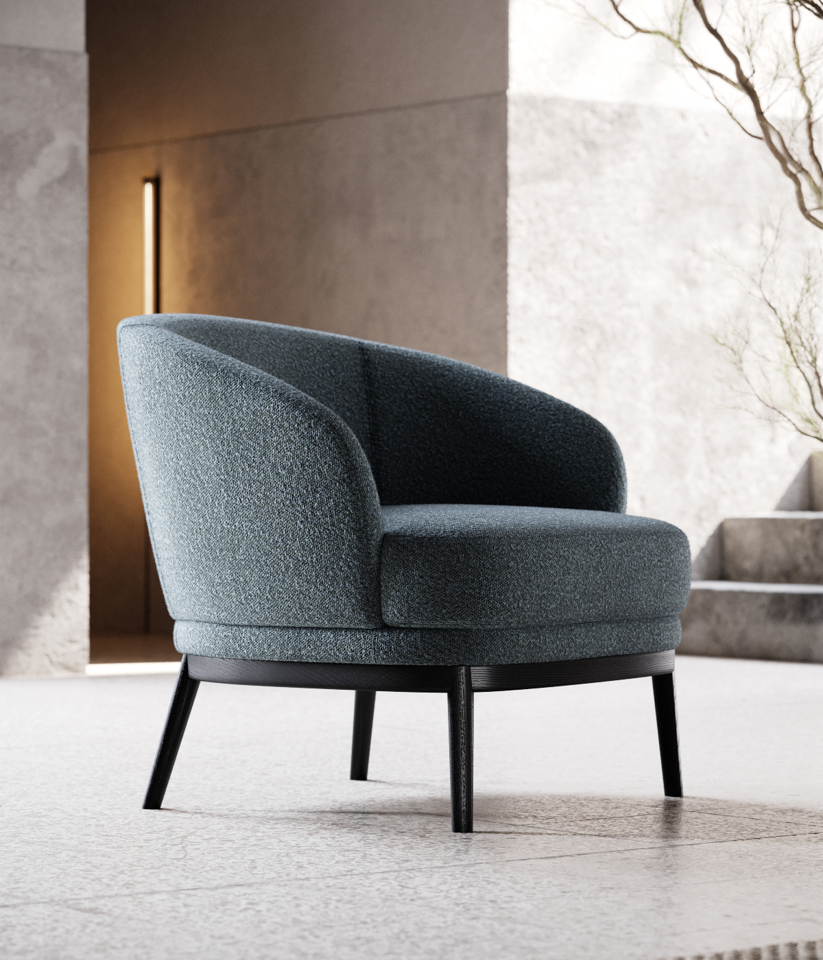 A stylish modern chair located in a room adorned with a tree, showcasing a fusion of comfort and natural elements. From the 2022 collection.