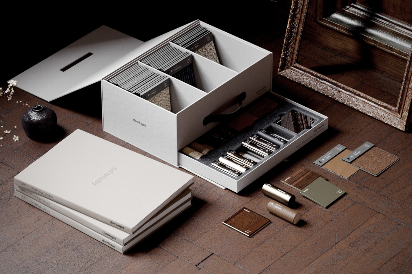 A wooden floor features a box of materials alongside a mirror, adding a touch of everyday life to the scene.