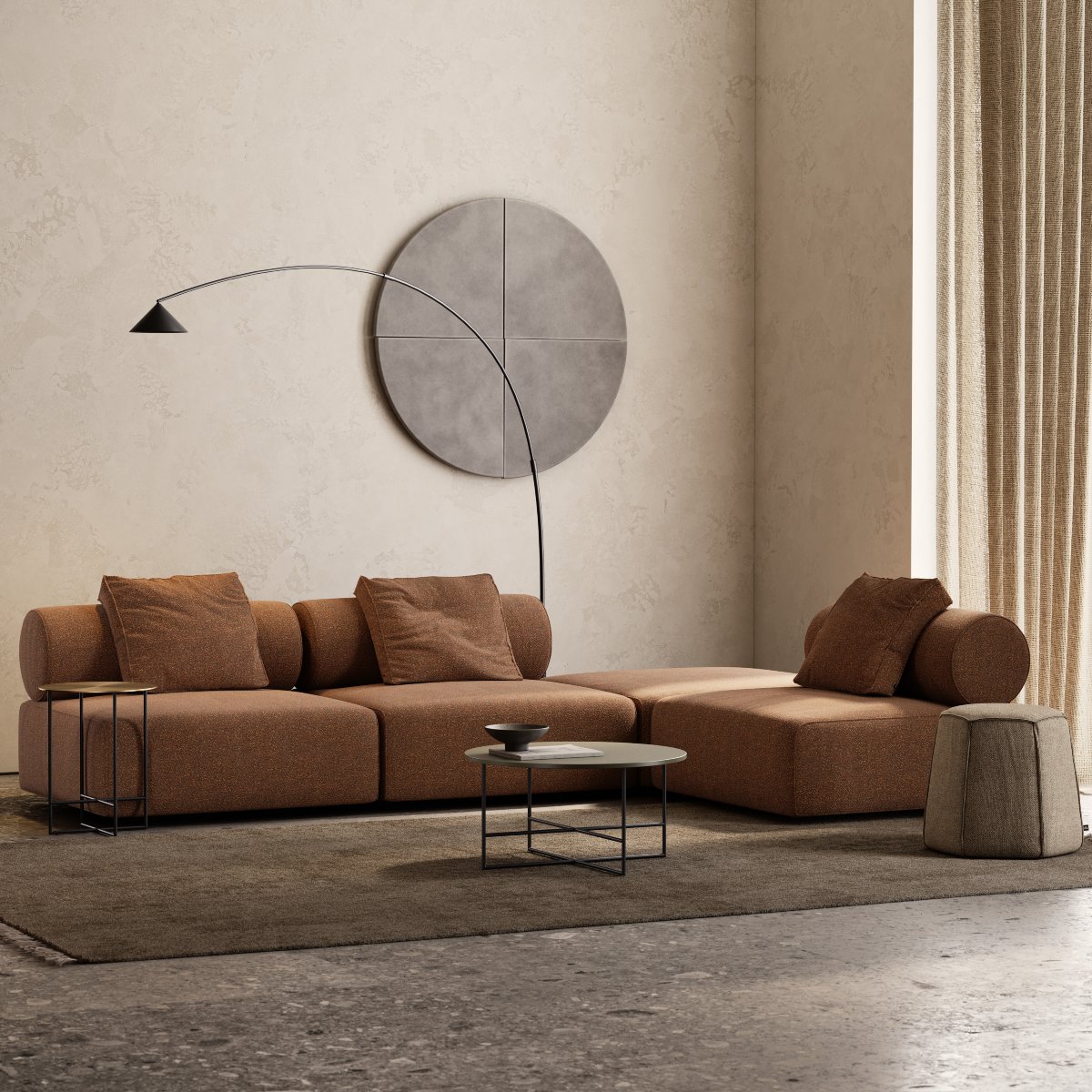 Shinto sofa with four modules in orange tones. In a neutral tones living room, combined with Inside Table Set and Angles Pouf.