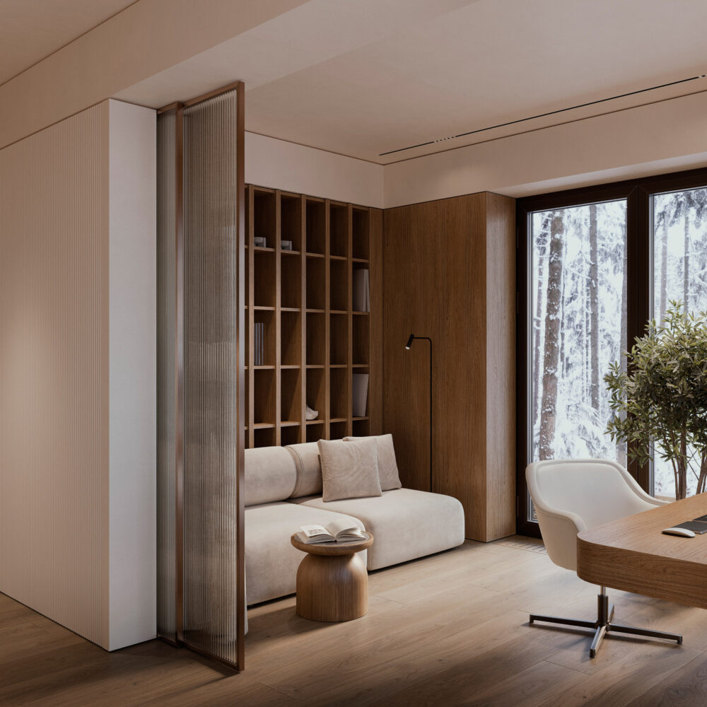 A modern office setup showcasing wooden floors and a generous window, enhancing the room's natural light and ambiance. With a sofa in beige and a wooden side table in front of it.