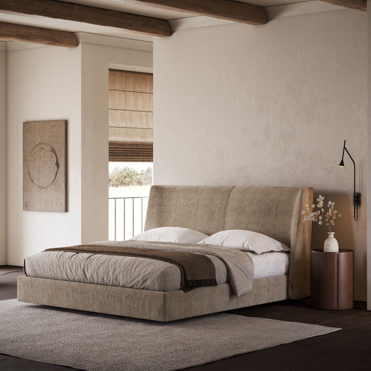 Specifying Upholstery For Hotel Suites (4) Cosy hotel suite with a beige upholstered bed, white sheets, and brown throw blanket. Minimalist decor, soft lighting, round wall art, and plants create a serene ambiance.