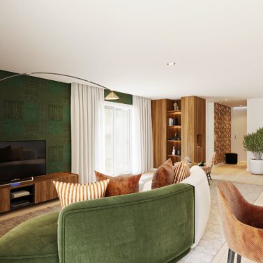 Living room with modular sofa with two colours: green and beige.