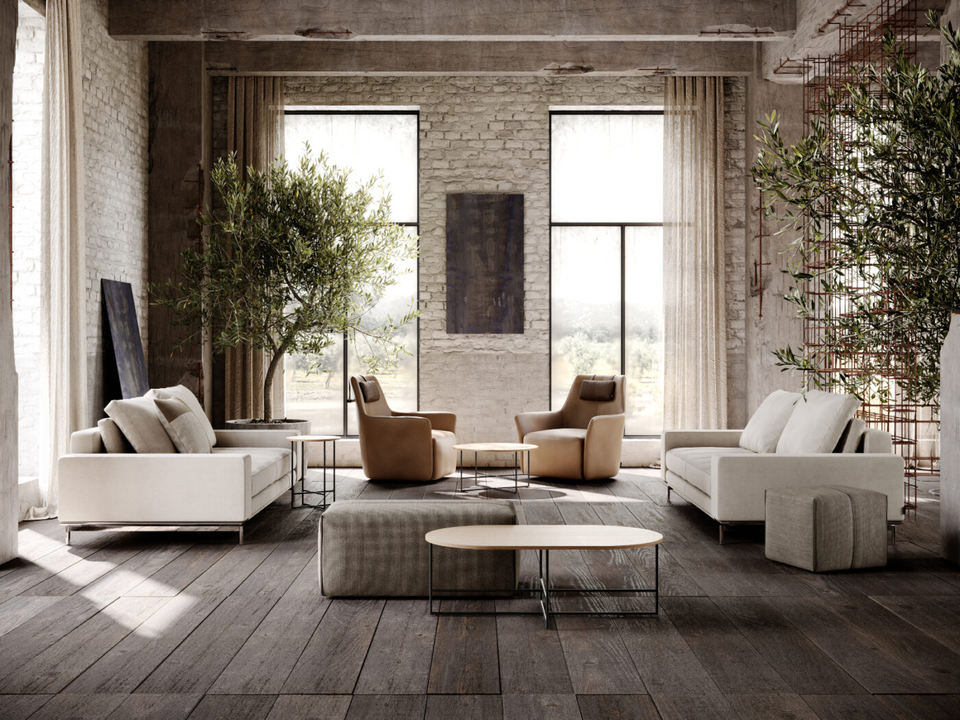 Cosy living room with a large window, highlighting the warmth of the wooden floors and inviting natural light. With two armchairs in leather and two white sofas.