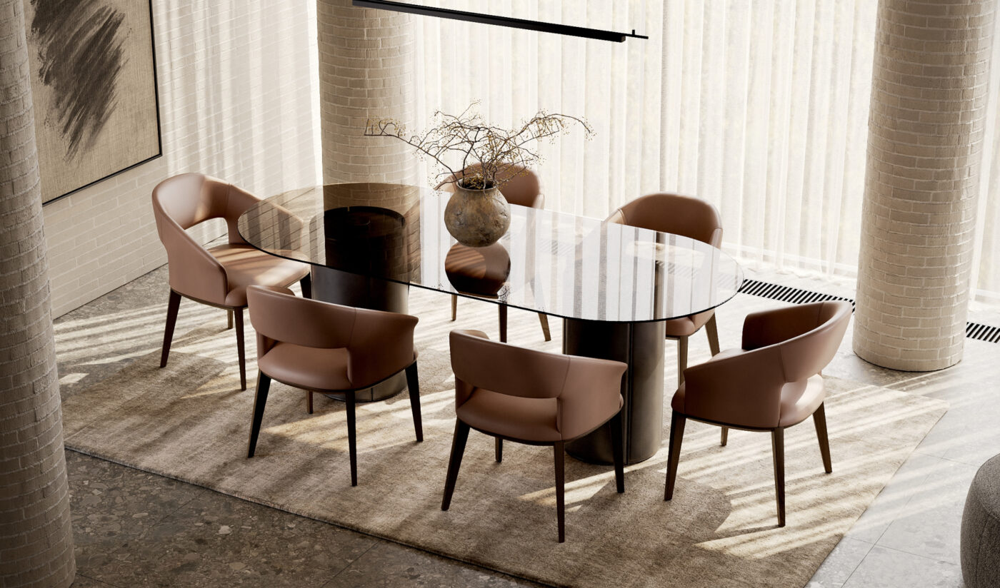 A modern dining table with elegant chairs in mocha mousse and a lovely vase, creating a warm and inviting dining atmosphere. About furniture colours and fabrics