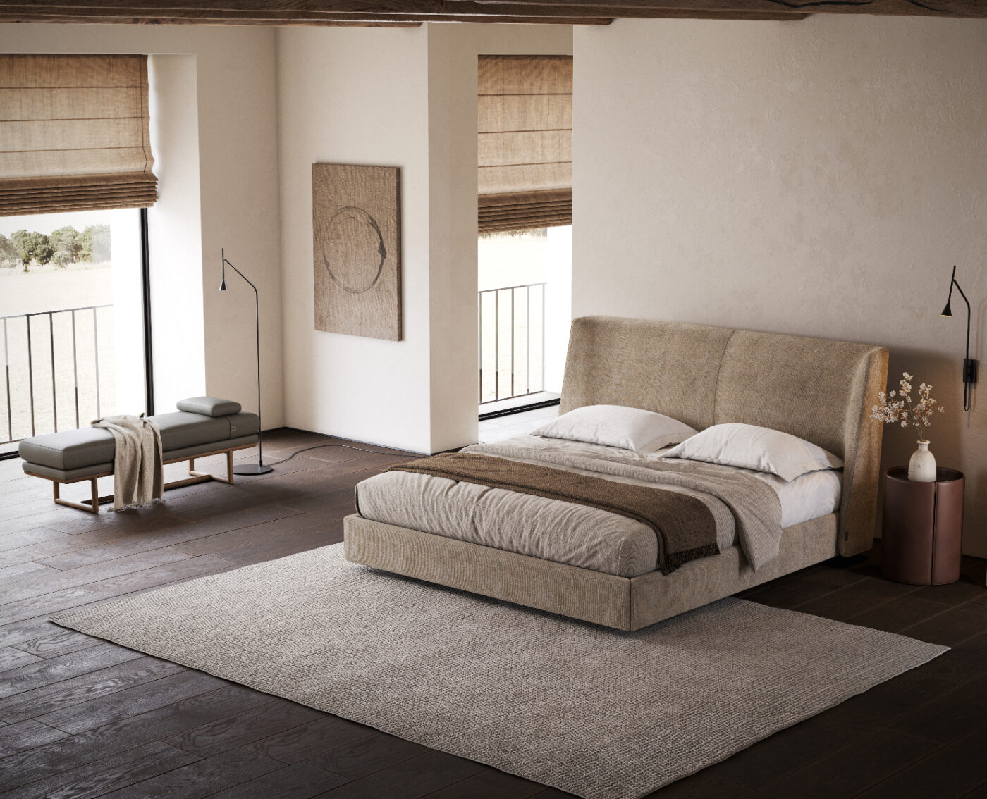 A minimalist bedroom with a large bed featuring beige bedding and pillows, a floor lamp on either side, a upholstered bench, and a soft, light-colored rug on dark wooden floors. The room has natural light streaming through tall windows with bamboo shades.