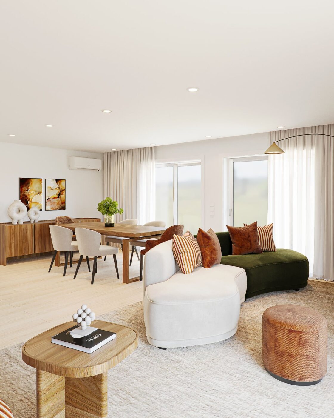 Living room and dining room project with a modular sofa in bege and green. With a red pouf and a side table in light wood. The dining room has four white chairs and two red chairs.