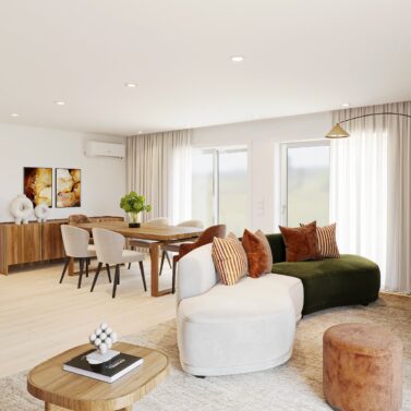 Living room and dining room project with a modular sofa in bege and green. With a red pouf and a side table in light wood. The dining room has four white chairs and two red chairs.