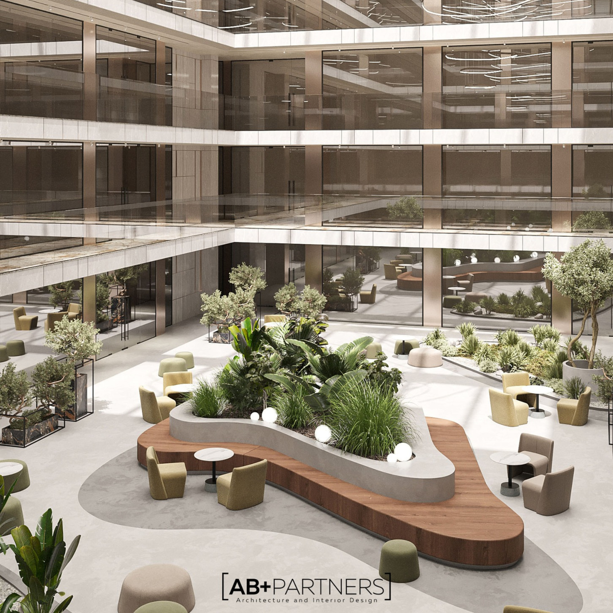 A modern commercial interior design featuring stylish furniture and vibrant plants, creating a fresh and inviting workspace atmosphere.