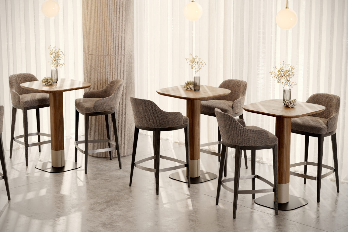 Bright, modern hospitality design showcasing bar tables and bar chairs in a welcoming layout.