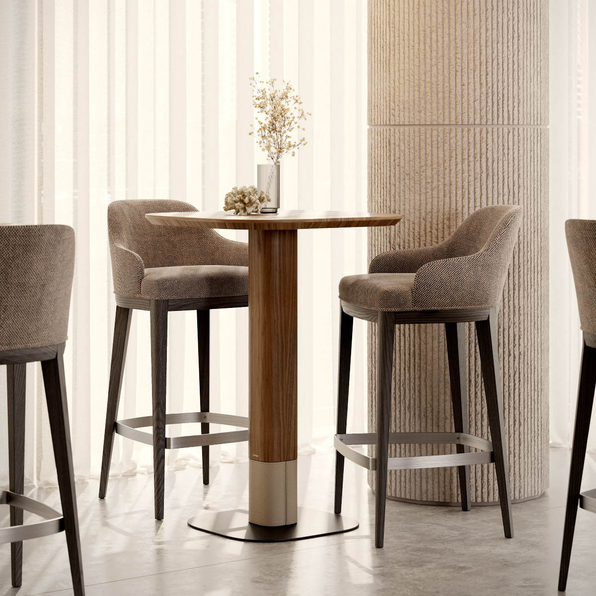 A bar table with two bar chairs and a decorative vase in the centre, set in a cosy dining area - restaurant interior design.