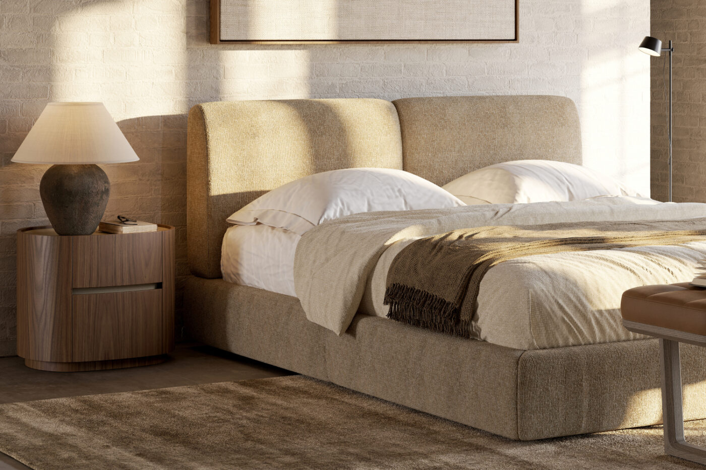 A comfortable bed with an elegant headboard, perfect for a restful night's sleep in a beautifully arranged bedroom design.
