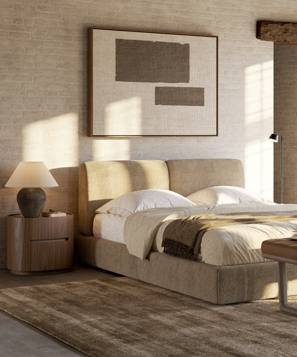 A tranquil bedroom scene with a bed, a nightstand, and a bench, emphasising a peaceful and organised living space. Bedroom essentials.